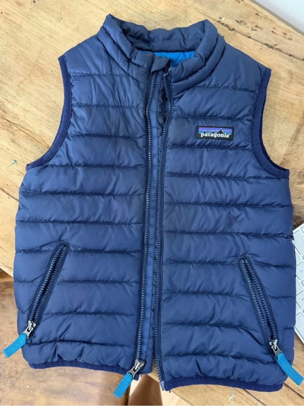 Patagonia Navy Blue Quilted Down Vest with Teal Accents